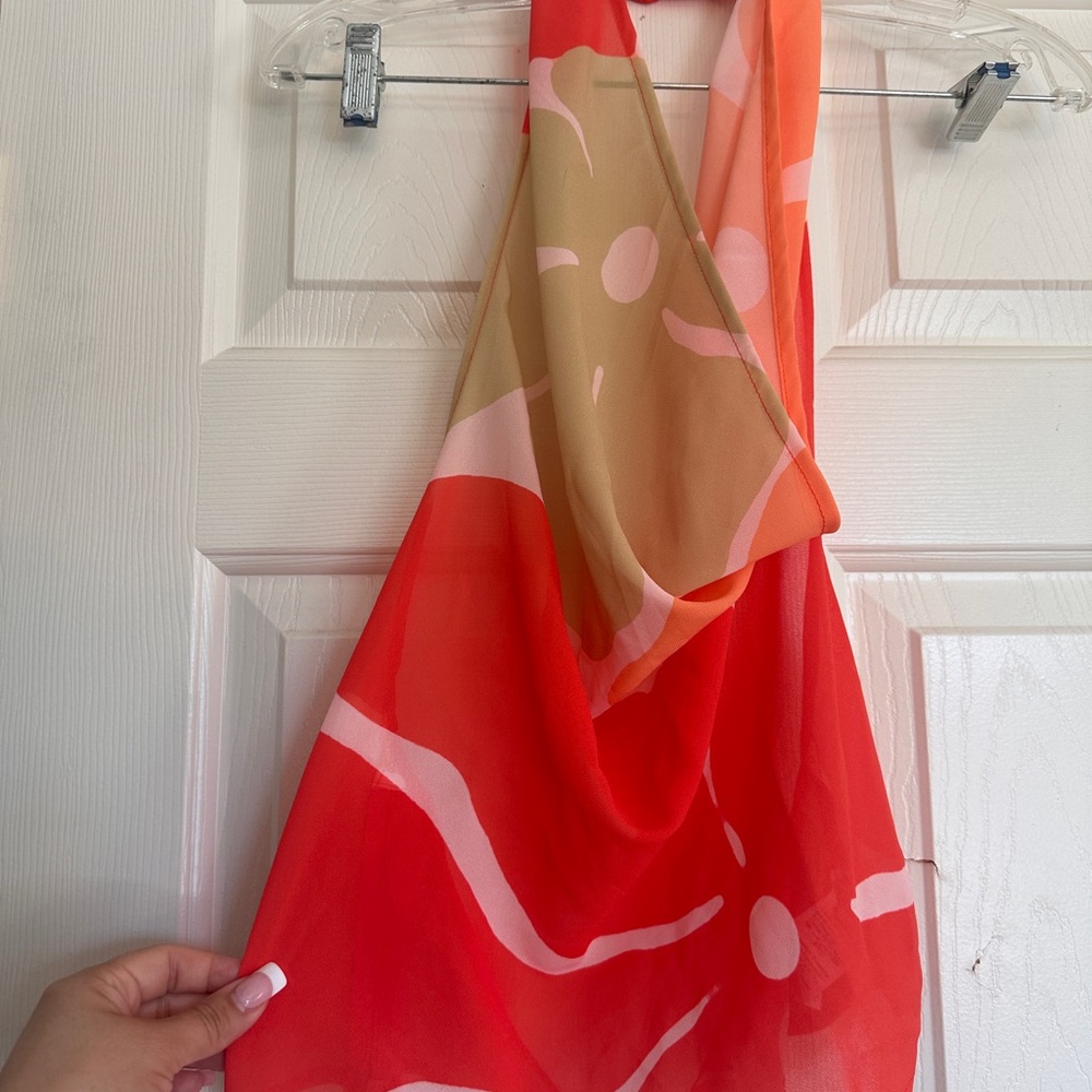 Red Floral Halter Blouse with Pink and Tan Accents